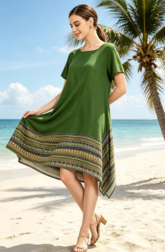 Minibee Women's Ethnic Cotton Linen Short/Long Sleeves Irregular Dress - Image 5