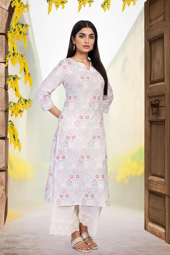 W for Woman Floral Embroidered Lace Straight Cotton Kurta with Palazzo and Dupatta Set - Image 5