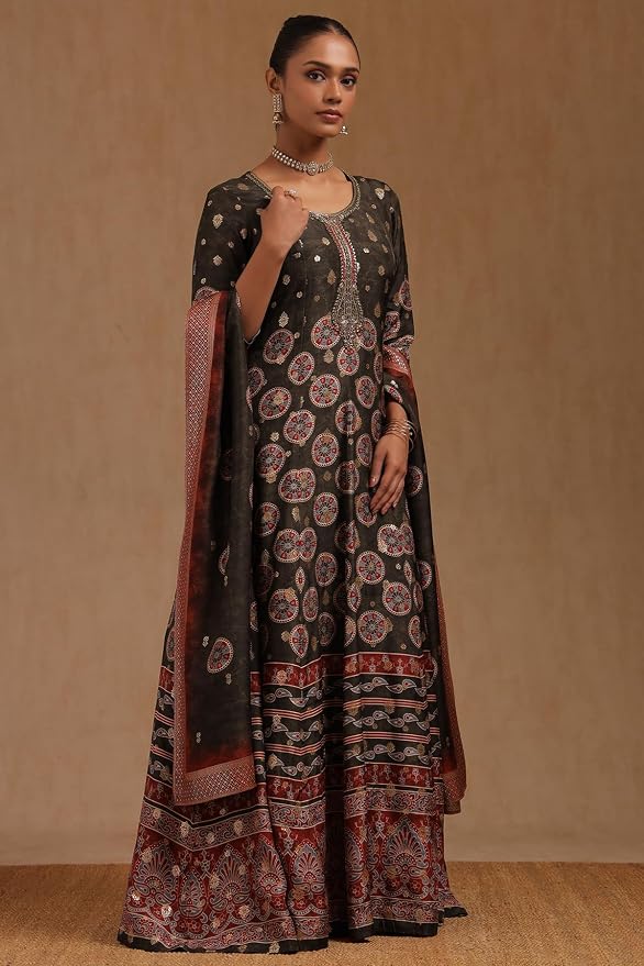 Soch Womens Olive Silk Blend Ethnic Motifs Gown Zari Woven - Image 3