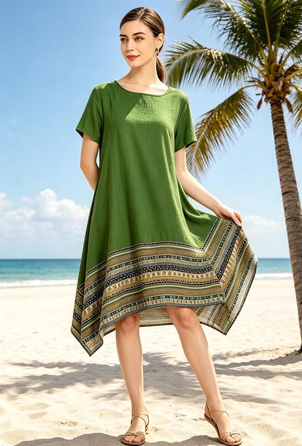 Minibee Women's Ethnic Cotton Linen Short/Long Sleeves Irregular Dress - Image 3