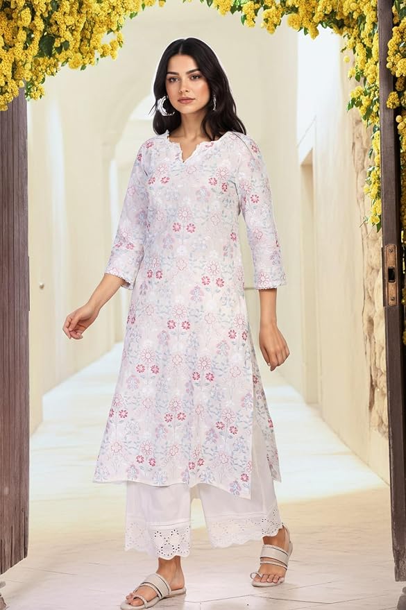 W for Woman Floral Embroidered Lace Straight Cotton Kurta with Palazzo and Dupatta Set - Image 3