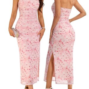 DRESSTELLS Women Formal Wedding Guest Dress Sequin Halter Bodycon Maxi Party Dress 2025, Pink (pink floral), S