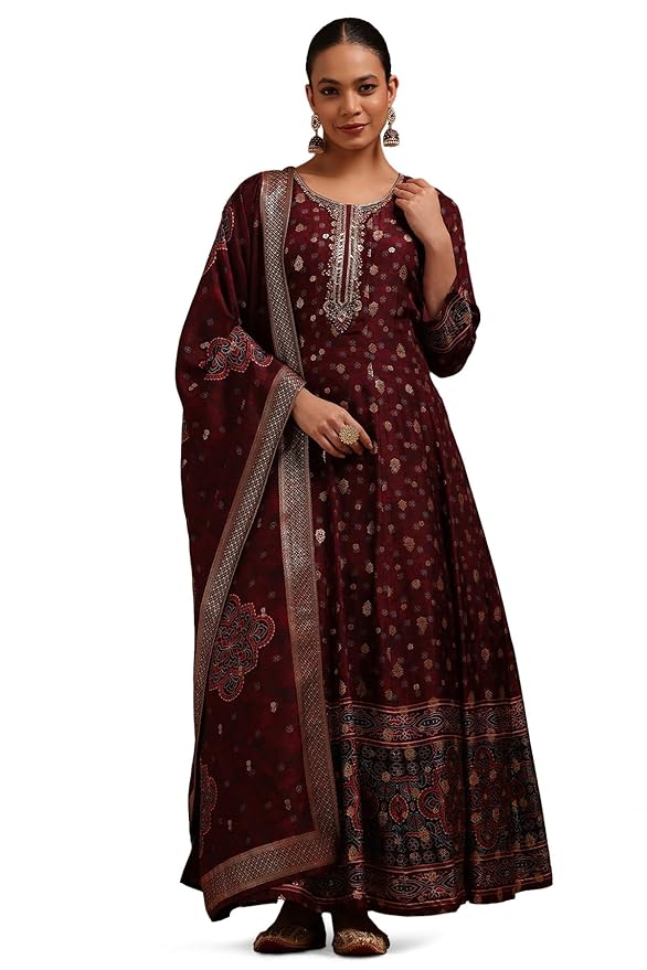 Soch Womens Russian Silk Ethnic Motifs Gown with Mirror and Cutdana