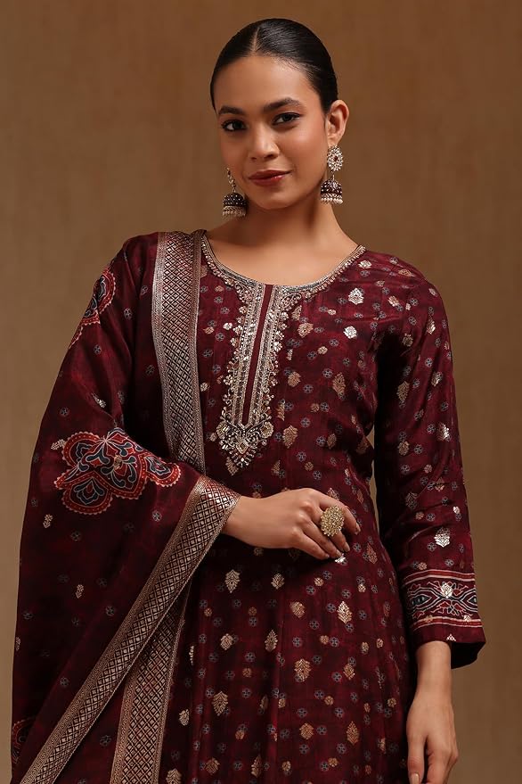 Soch Womens Russian Silk Ethnic Motifs Gown with Mirror and Cutdana - Image 4