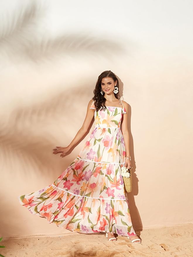 Miss Chase Womens Green and Orange Shoulder Tie-Up Floral Tiered Maxi Chiffon Dress - Image 3