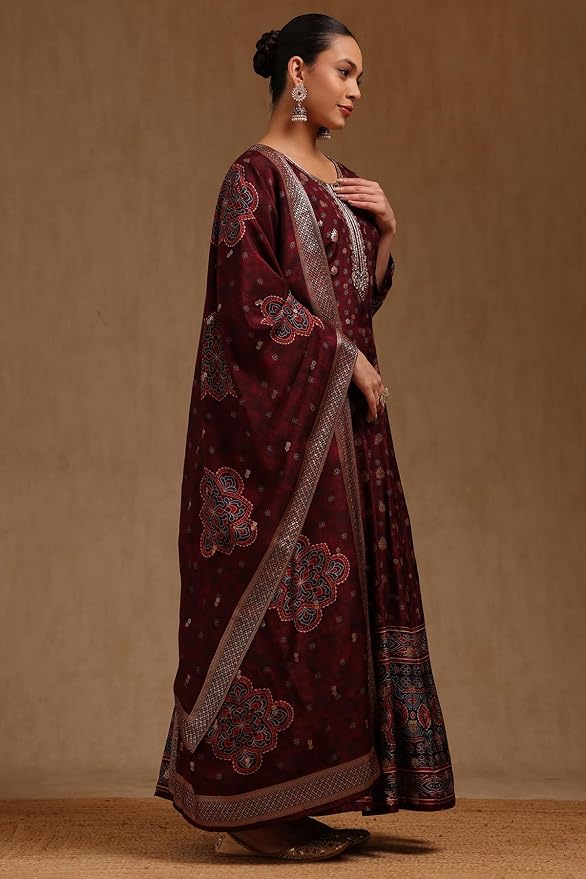 Soch Womens Russian Silk Ethnic Motifs Gown with Mirror and Cutdana - Image 6