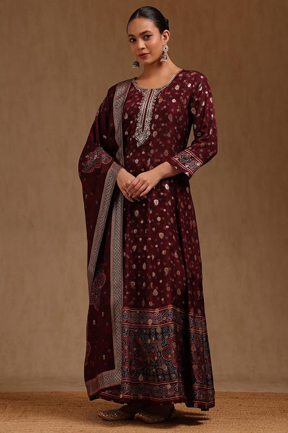 Soch Womens Russian Silk Ethnic Motifs Gown with Mirror and Cutdana - Image 7