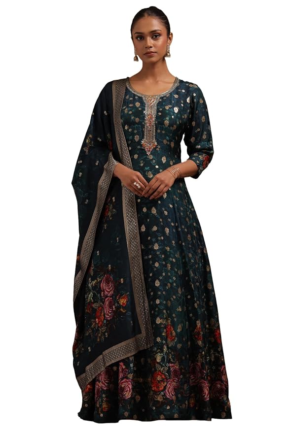 Soch Women Viscose Blend Floral Print Gown with Mirror and Cutdana