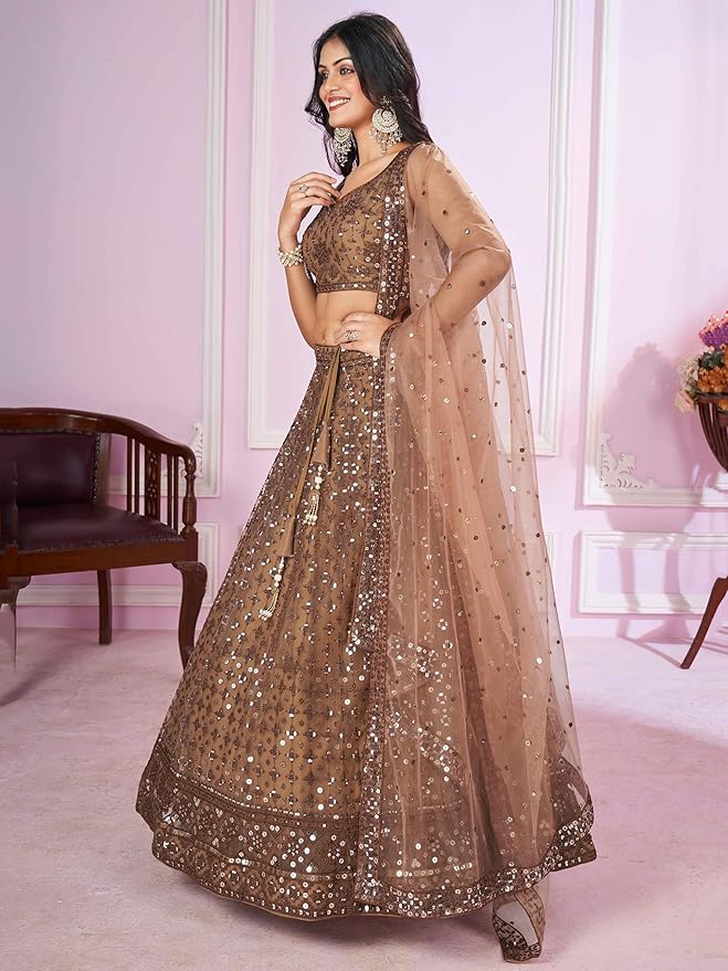 Zeel Clothing Women's Threads Sequins Embroidered Soft Net Semi-stitched Lehenga Choli Set With Dupatta (5110-Brown-Wedding-Stylish-Lehenga-Choli-Latest; Free Size) - Image 3