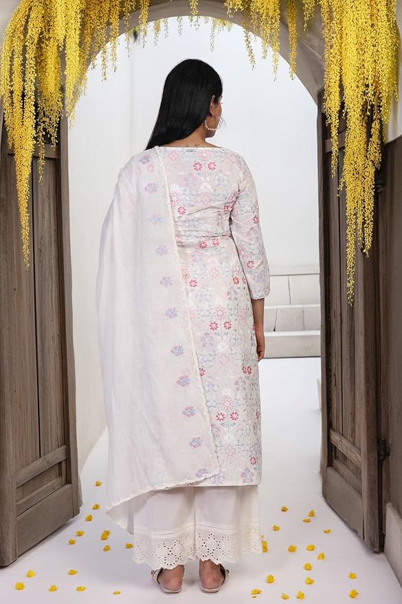 W for Woman Floral Embroidered Lace Straight Cotton Kurta with Palazzo and Dupatta Set - Image 7