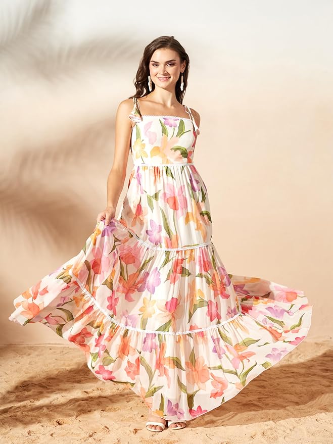 Miss Chase Womens Green and Orange Shoulder Tie-Up Floral Tiered Maxi Chiffon Dress - Image 4