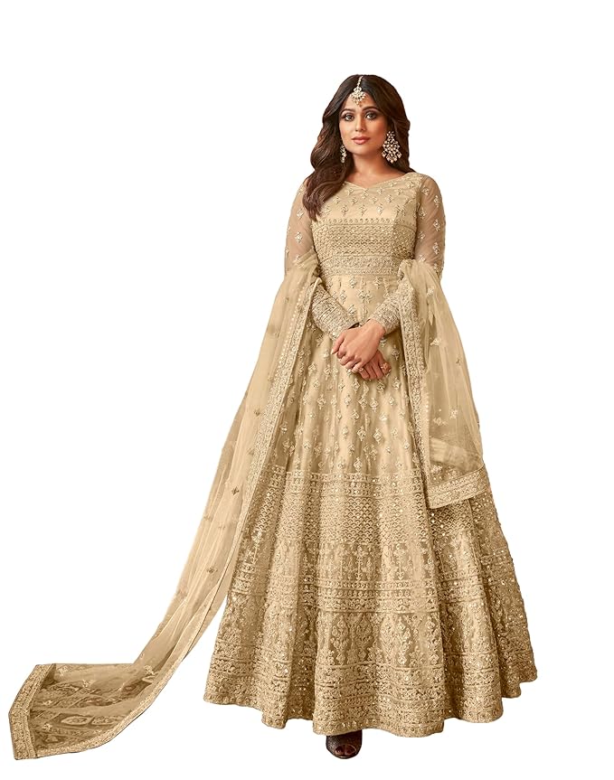 Women's Embroidered Anarkali Gown with Dupatta, Designer Ethnic Dress, (Semi-Stitched)