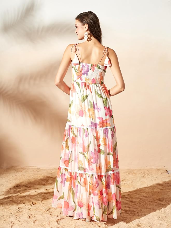 Miss Chase Womens Green and Orange Shoulder Tie-Up Floral Tiered Maxi Chiffon Dress - Image 5