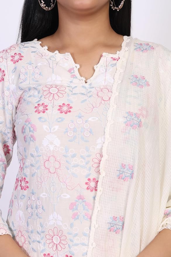 W for Woman Floral Embroidered Lace Straight Cotton Kurta with Palazzo and Dupatta Set - Image 6