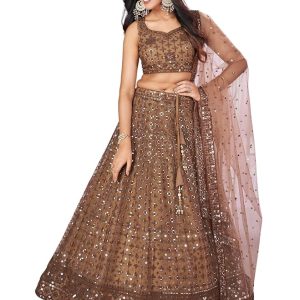 Zeel Clothing Women's Threads Sequins Embroidered Soft Net Semi-stitched Lehenga Choli Set With Dupatta (5110-Brown-Wedding-Stylish-Lehenga-Choli-Latest; Free Size)