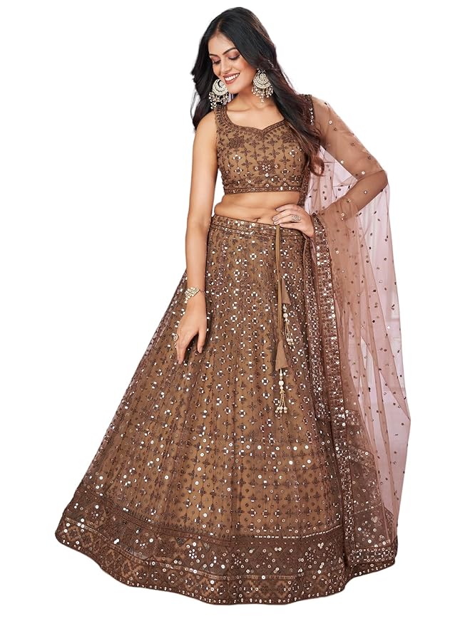 Zeel Clothing Women's Threads Sequins Embroidered Soft Net Semi-stitched Lehenga Choli Set With Dupatta (5110-Brown-Wedding-Stylish-Lehenga-Choli-Latest; Free Size)