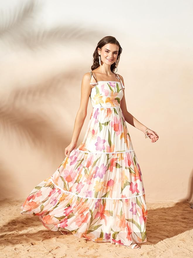 Miss Chase Womens Green and Orange Shoulder Tie-Up Floral Tiered Maxi Chiffon Dress - Image 6