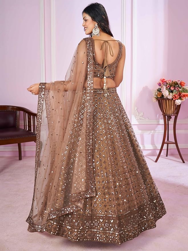 Zeel Clothing Women's Threads Sequins Embroidered Soft Net Semi-stitched Lehenga Choli Set With Dupatta (5110-Brown-Wedding-Stylish-Lehenga-Choli-Latest; Free Size) - Image 6