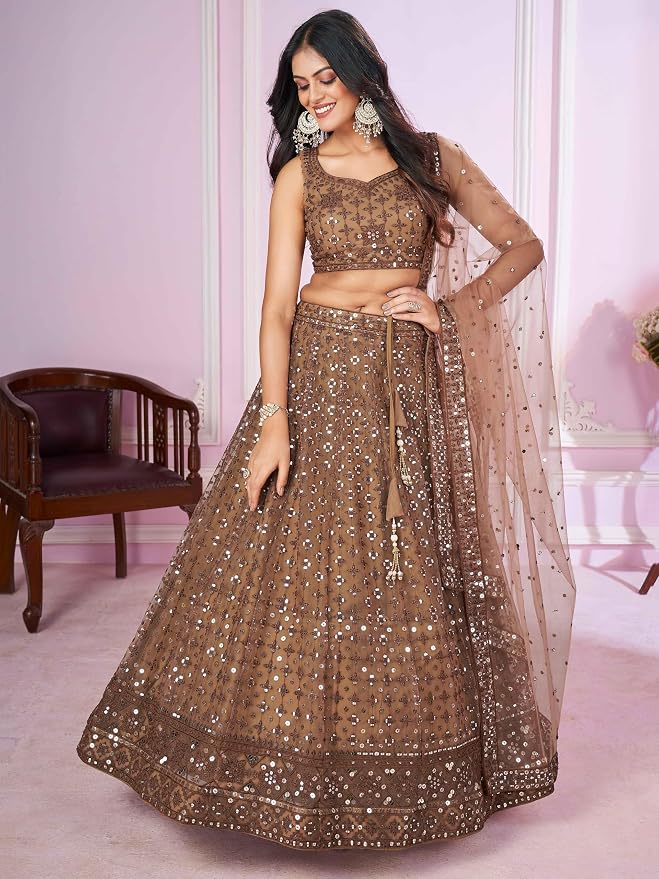 Zeel Clothing Women's Threads Sequins Embroidered Soft Net Semi-stitched Lehenga Choli Set With Dupatta (5110-Brown-Wedding-Stylish-Lehenga-Choli-Latest; Free Size) - Image 4
