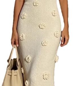 Women's Knit Maxi Dress Spaghetti Strap Floral Dresses Bodycon Knitted Beach Long Dress Backless Swim Cover up Dresses