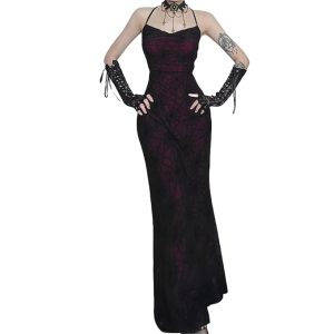 Womens Gothic Bodycon Maxi Dress Casual Floral Print Spaghetti Strap Dresses