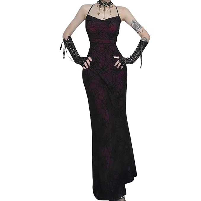 Womens Gothic Bodycon Maxi Dress Casual Floral Print Spaghetti Strap Dresses