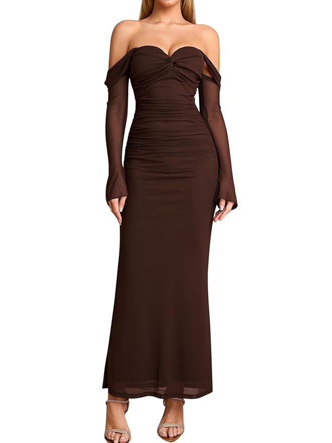 KUTUMAI Off Shoulder Long Sleeve Elegant Bodycon Ruched Cocktail Dress Wedding Guest Dresses for Women Autumn 2025