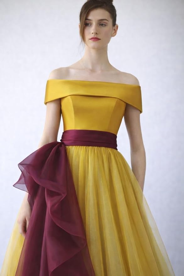 Off-Shoulder A-Line Ball Gown, Mustard Gold and Wine, Tulle Skirt with Organza Bow, Formal Evening Dress for Prom - Image 2