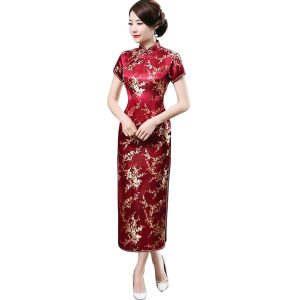 Women Cheongsam Long Dress Evening Short Sleeve Slim Fit Maxi Dress Floral Faux Silk Stand Collar Bodycon Qipao
