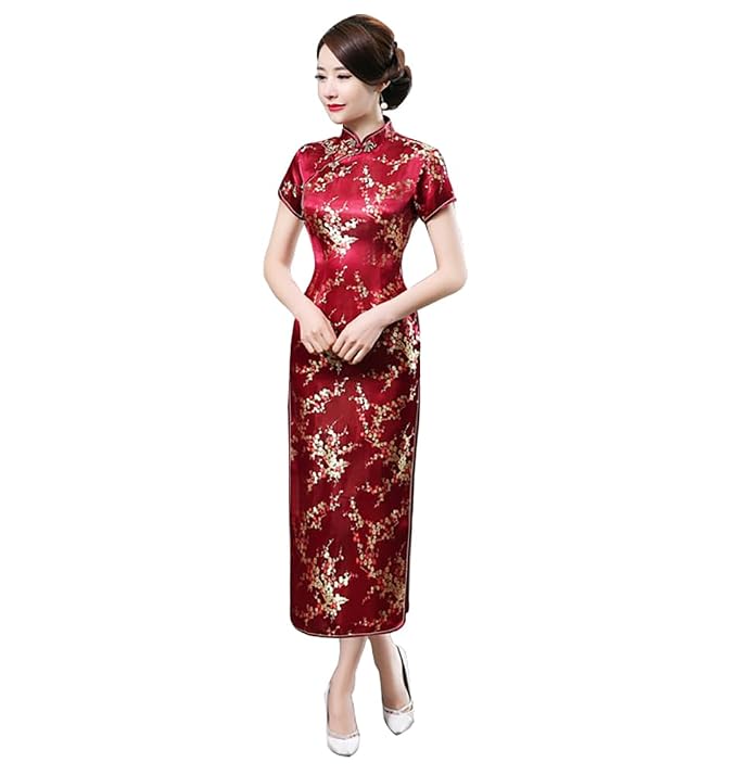 Women Cheongsam Long Dress Evening Short Sleeve Slim Fit Maxi Dress Floral Faux Silk Stand Collar Bodycon Qipao