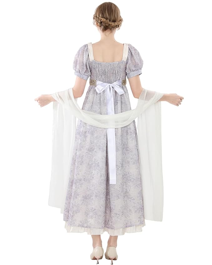 Nuoqi Regency Dress for Women 1800s Empire Waist Victorian Ball Gowns with Shawl - Image 6