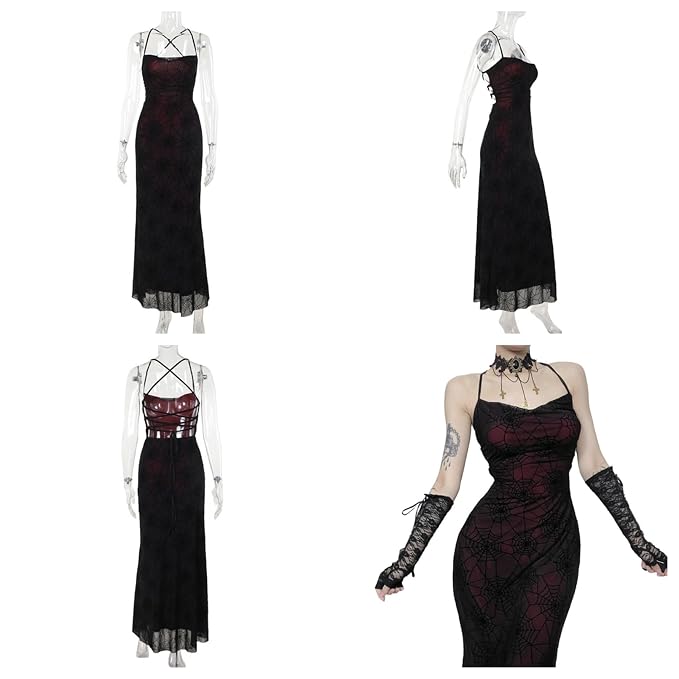 Womens Gothic Bodycon Maxi Dress Casual Floral Print Spaghetti Strap Dresses - Image 3