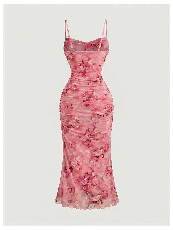GORGLITTER Women Floral Print Ruched Bodycon Mesh Sleeveless Fishtail Cami Dresses - Image 2