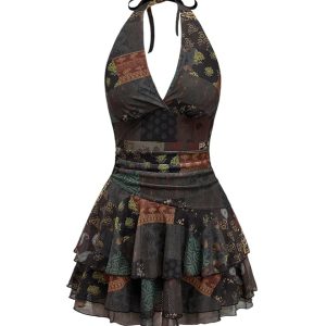 SOLY HUX Women's Vintage Halter Deep V Neck Ruffle Mini Dress Layered Flowy Sundresses Festival Rave Outfits