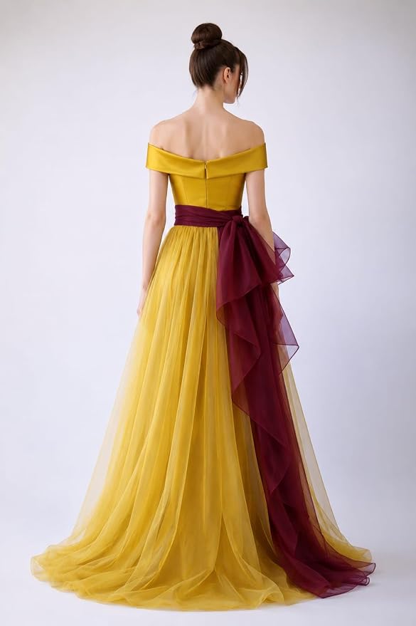 Off-Shoulder A-Line Ball Gown, Mustard Gold and Wine, Tulle Skirt with Organza Bow, Formal Evening Dress for Prom - Image 3