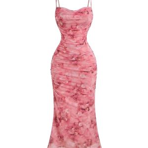 GORGLITTER Women Floral Print Ruched Bodycon Mesh Sleeveless Fishtail Cami Dresses