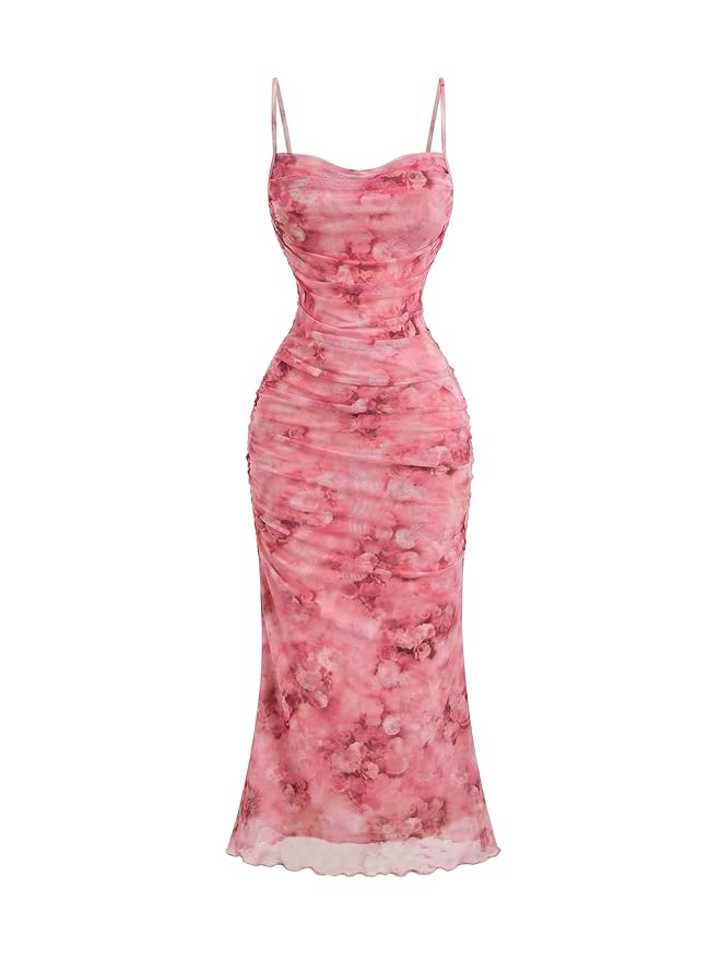 GORGLITTER Women Floral Print Ruched Bodycon Mesh Sleeveless Fishtail Cami Dresses