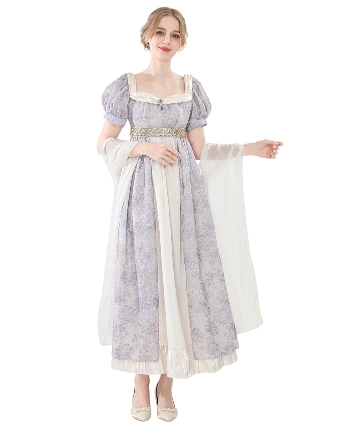 Nuoqi Regency Dress for Women 1800s Empire Waist Victorian Ball Gowns with Shawl - Image 2