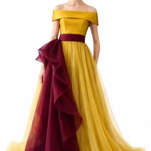 Off-Shoulder A-Line Ball Gown, Mustard Gold and Wine, Tulle Skirt with Organza Bow, Formal Evening Dress for Prom
