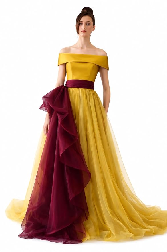 Off-Shoulder A-Line Ball Gown, Mustard Gold and Wine, Tulle Skirt with Organza Bow, Formal Evening Dress for Prom