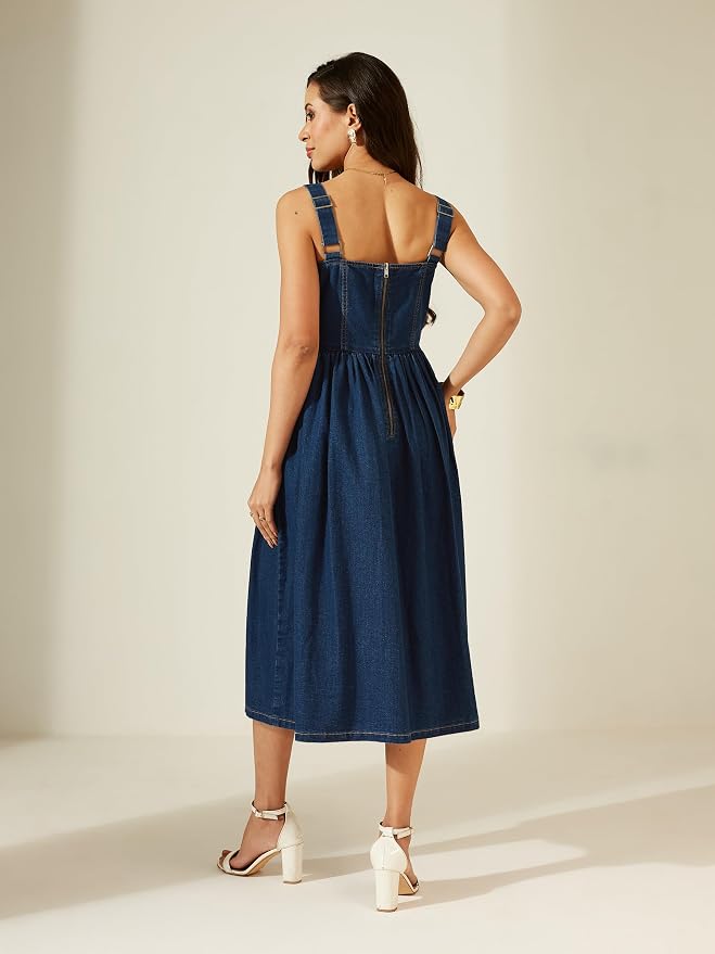 Miss Chase Women’s Sweetheart Bustier Gathered Midi Denim Dress - Image 4