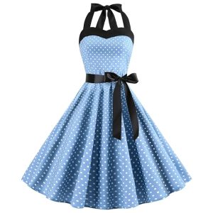 IKADEX Vintage Women 1950s Rockabilly Swing Dress Pinup 50s Retro Hepburn Style Halterneck A-Line Dresses