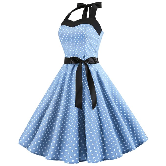 IKADEX Vintage Women 1950s Rockabilly Swing Dress Pinup 50s Retro Hepburn Style Halterneck A-Line Dresses - Image 5