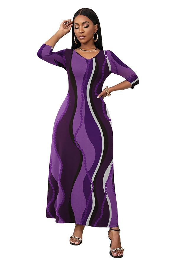 FANDEE Women 3/4 Sleeve V Neck Casual Loose Long Basic Maxi Dress (M-3XL) - Image 2
