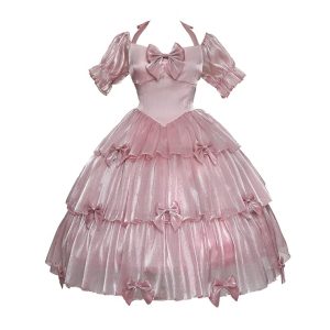 ZZEQYG Elegant Pink Gothic Dress Puff Sleeve Dress with Bows
