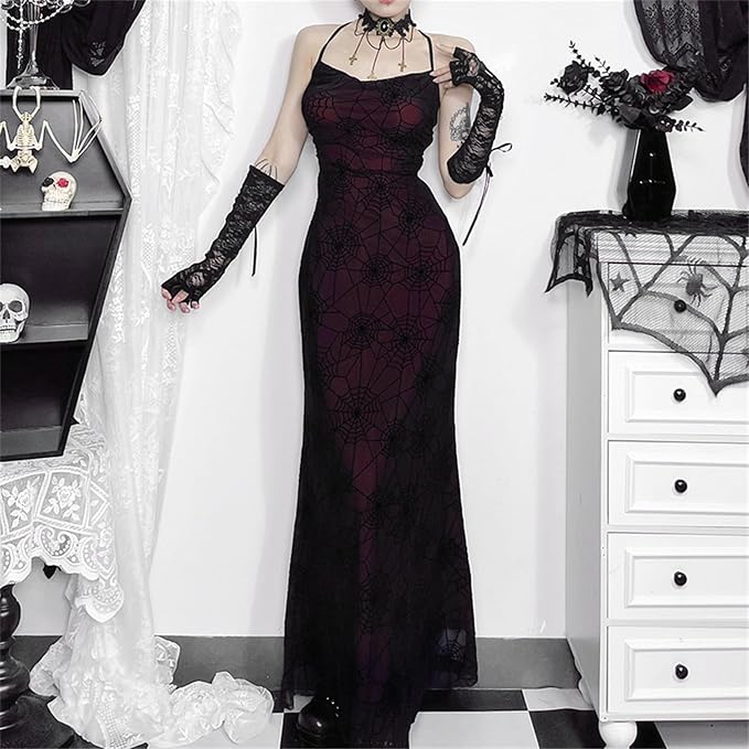 Womens Gothic Bodycon Maxi Dress Casual Floral Print Spaghetti Strap Dresses - Image 5