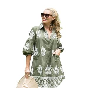 REANA Aari Embroidery Puff Sleeve Shirt Dress for Women | Cotton Midi Dress | Button Front Closure | Collared Neck | Three Quarter Sleeves | Casual Outfit | Relaxed Fit