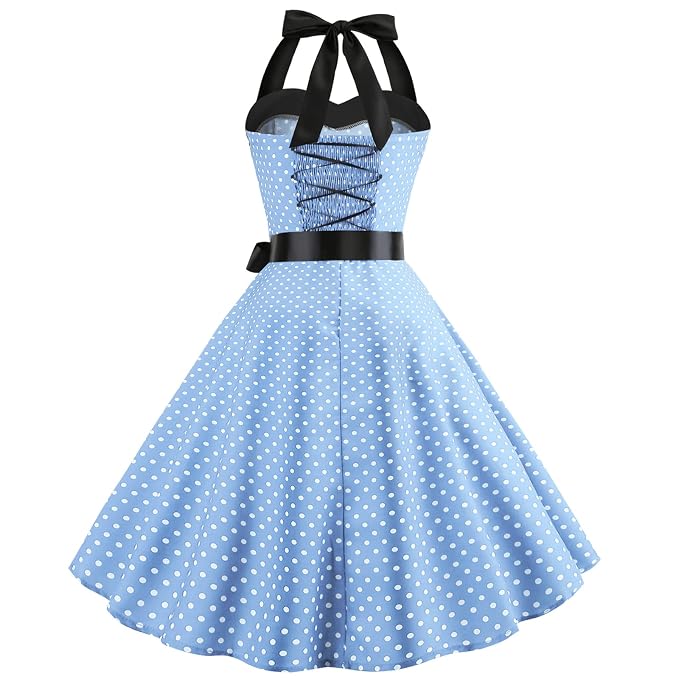 IKADEX Vintage Women 1950s Rockabilly Swing Dress Pinup 50s Retro Hepburn Style Halterneck A-Line Dresses - Image 6