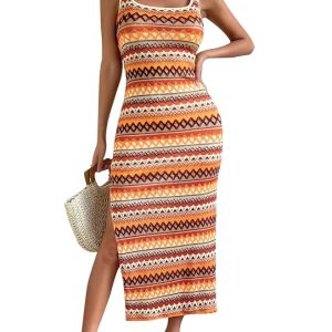 PRETTYGARDEN Tank Dress for Women 2025 Summer Casual Striped Maxi Dress Fitted Square Neck Beach Holiday Bohemian Summer Dress