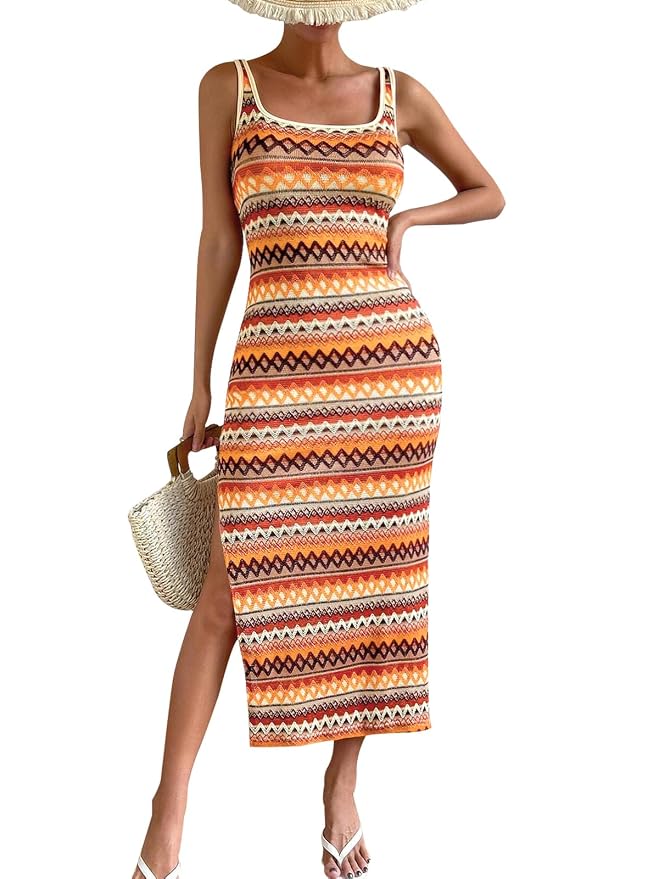 PRETTYGARDEN Tank Dress for Women 2025 Summer Casual Striped Maxi Dress Fitted Square Neck Beach Holiday Bohemian Summer Dress